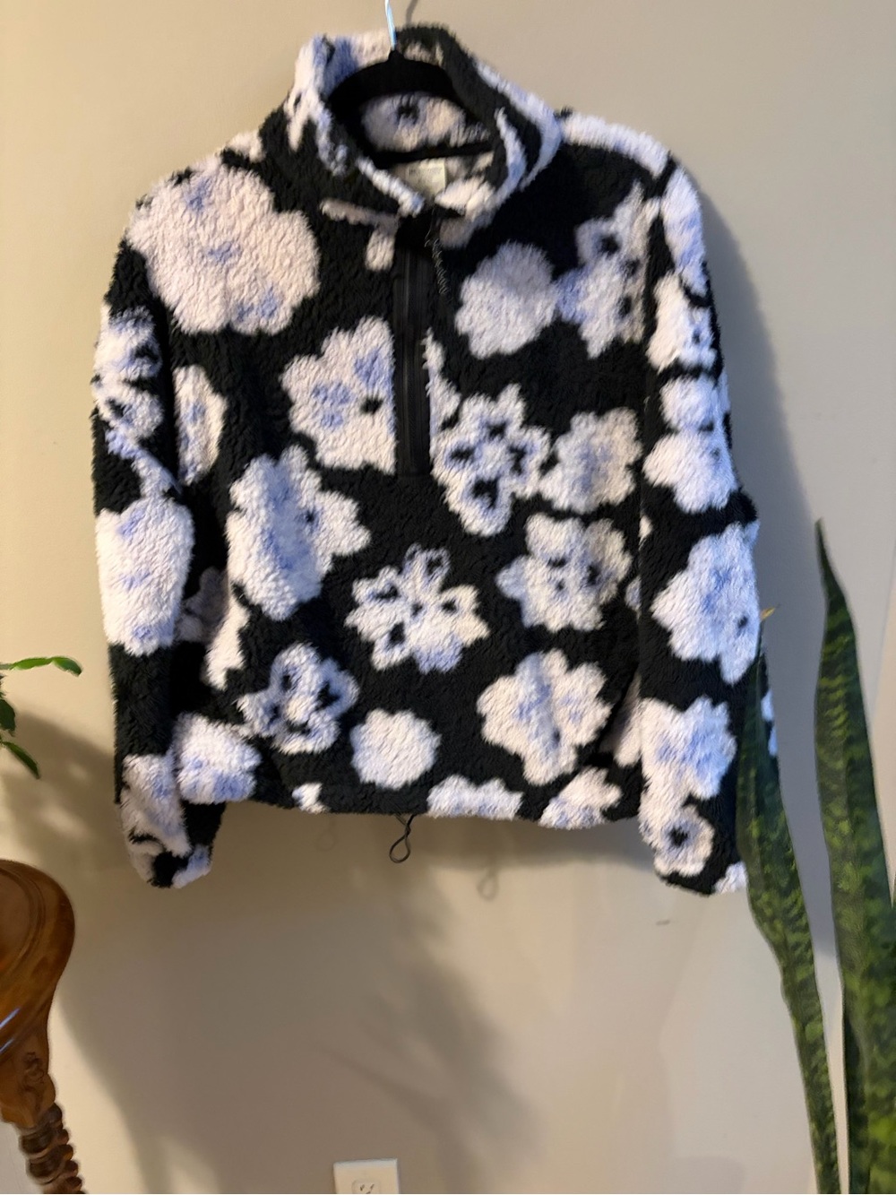 No Boundaries Black and White Floral Sherpa Half-Zip Pullover